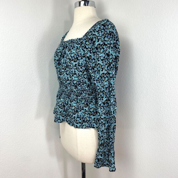 SO Baby Doll Top Large Blue Floral Crop Long Sleeves Fairy Goth Milkmaid Boho - Picture 7 of 15